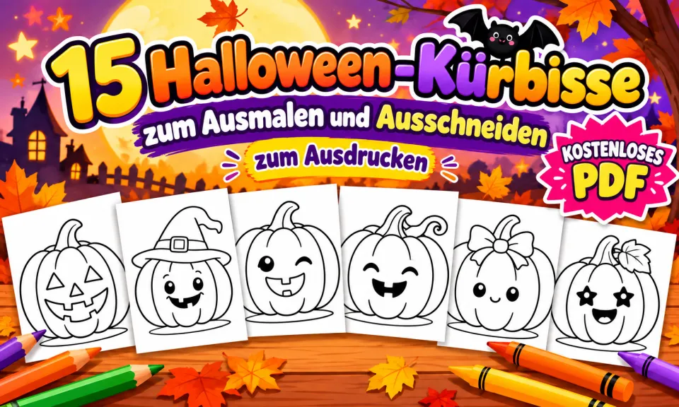Cover der kostenlosen PDF-Sammlung mit 15 Halloween-Kürbissen zum Ausmalen und Ausschneiden