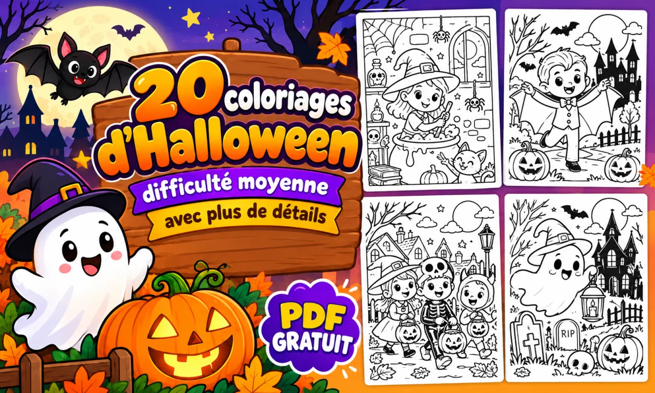Couverture de 20 coloriages d’Halloween détaillés à imprimer en PDF gratuit