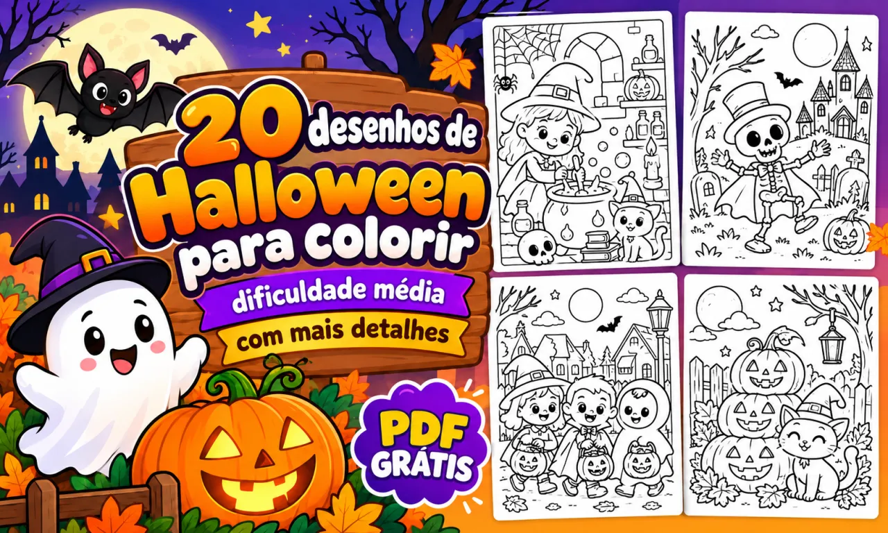 Capa de 20 desenhos de Halloween com muitos detalhes para colorir em PDF gratuito