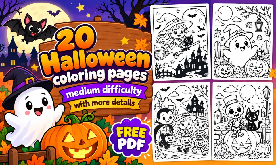 Cover for 20 detailed Halloween coloring pages in a free printable PDF