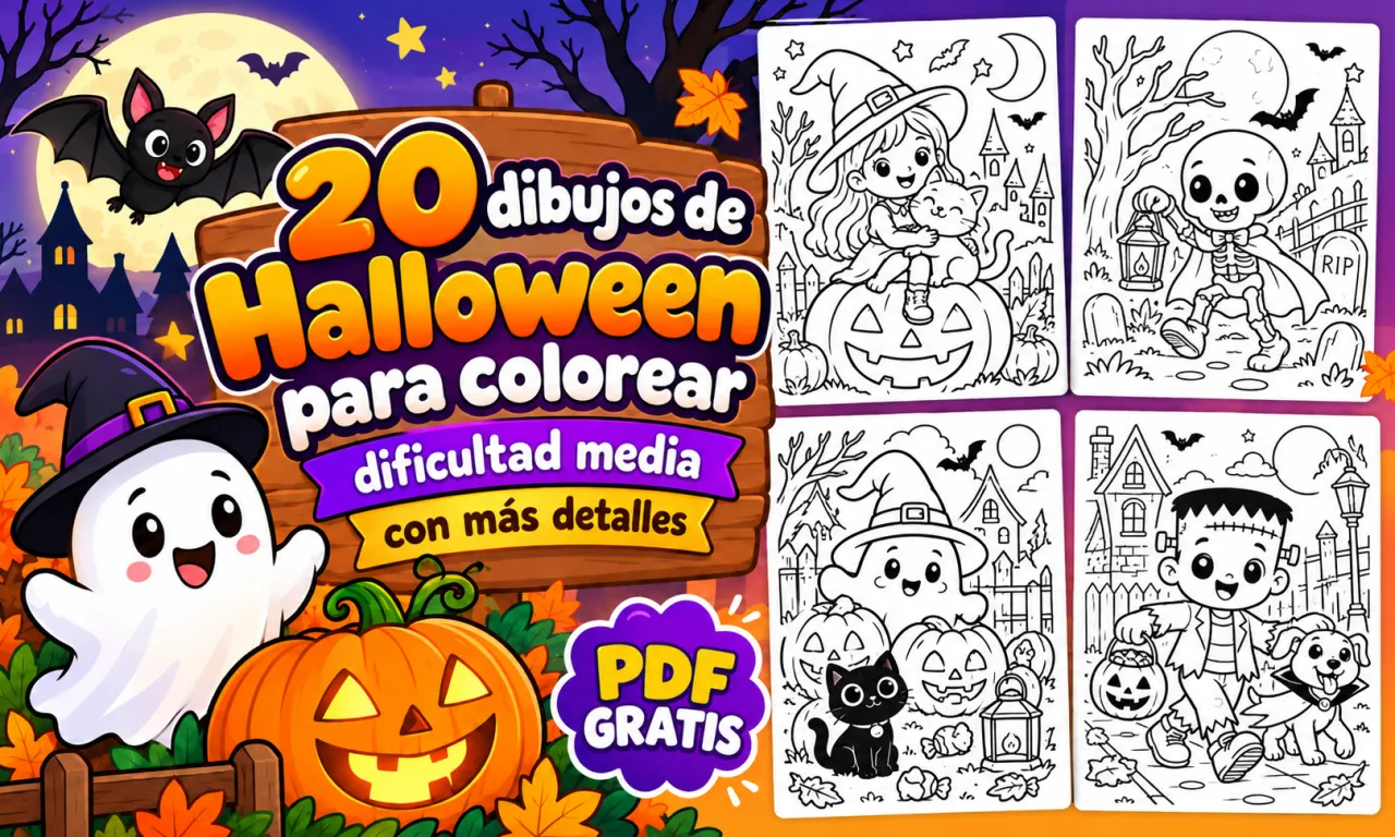 Portada de 20 dibujos detallados de Halloween para colorear en PDF gratuito