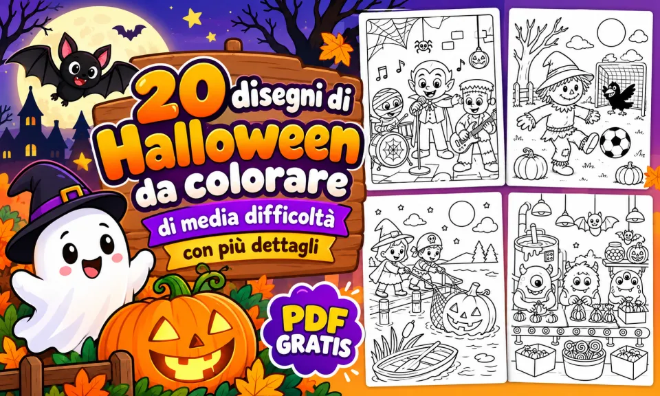 Copertina della raccolta di 20 disegni di Halloween da colorare con molti dettagli, PDF gratuito