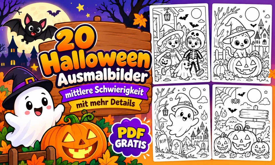 Titelseite mit 20 detailreichen Halloween-Ausmalbildern als kostenloses PDF
