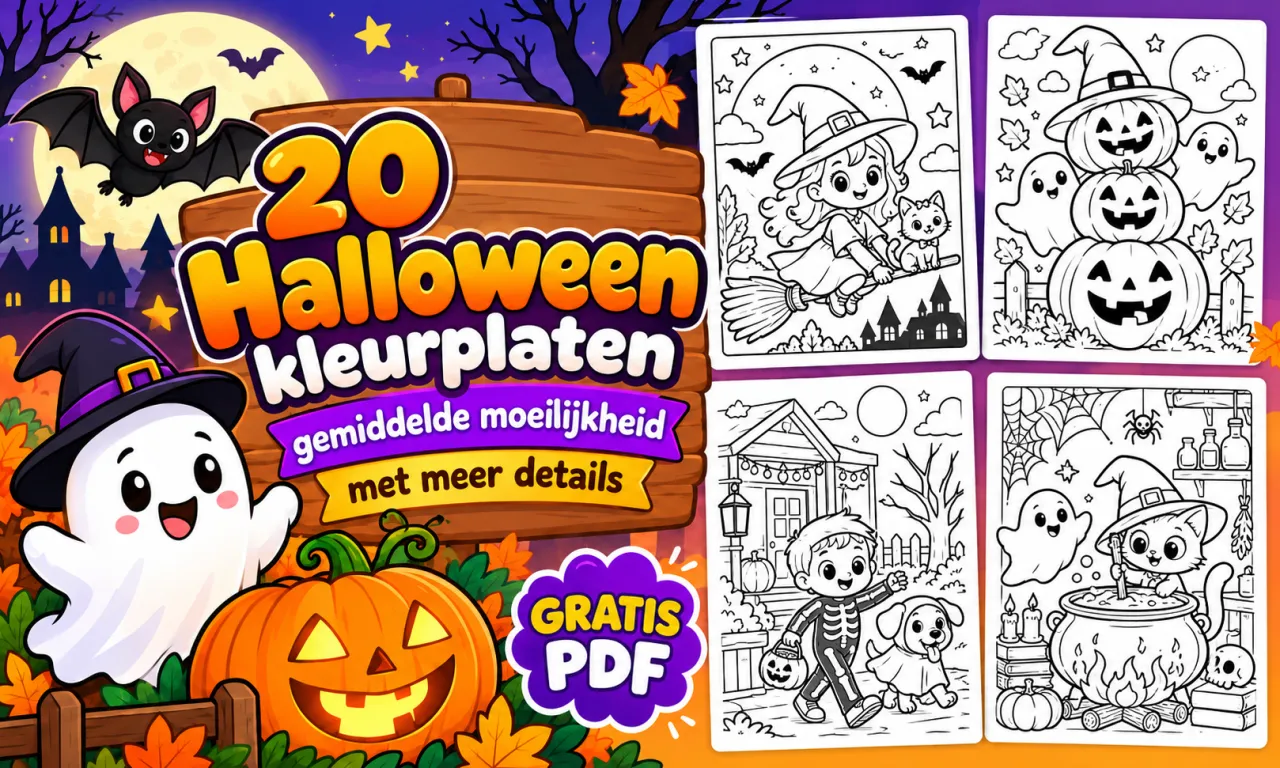 Omslag van 20 gedetailleerde Halloween kleurplaten als gratis printbare PDF