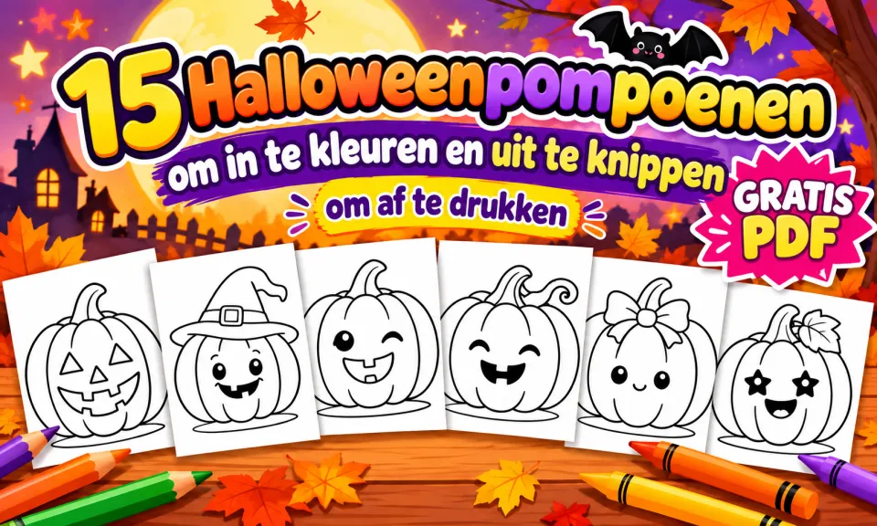 Omslag van een gratis PDF met 15 Halloween pompoenen om te kleuren en uit te knippen