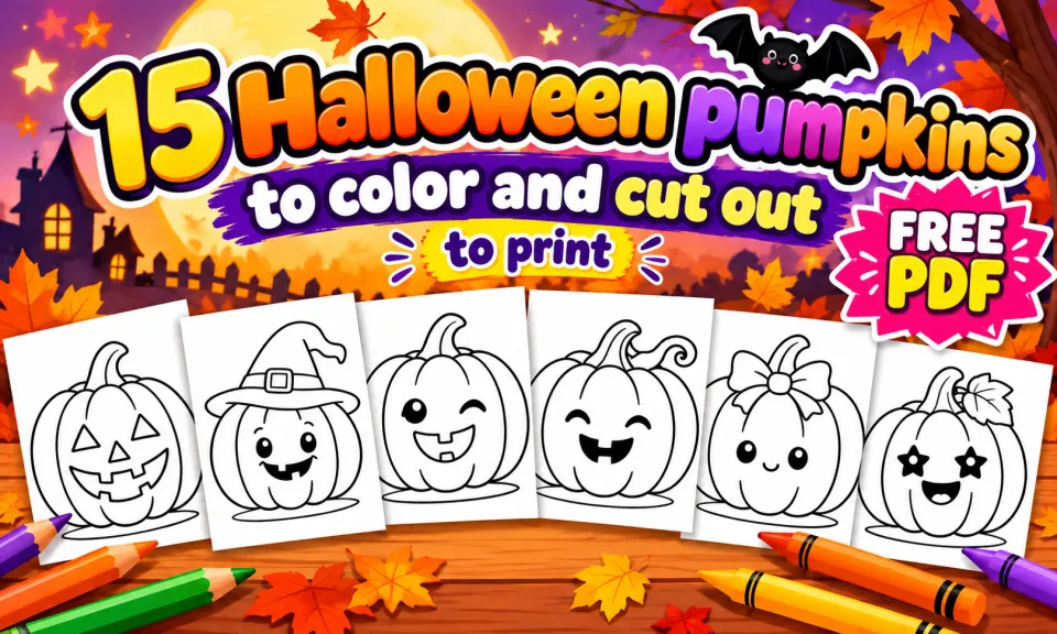 Free printable PDF cover showing 15 Halloween pumpkins to color and cut out