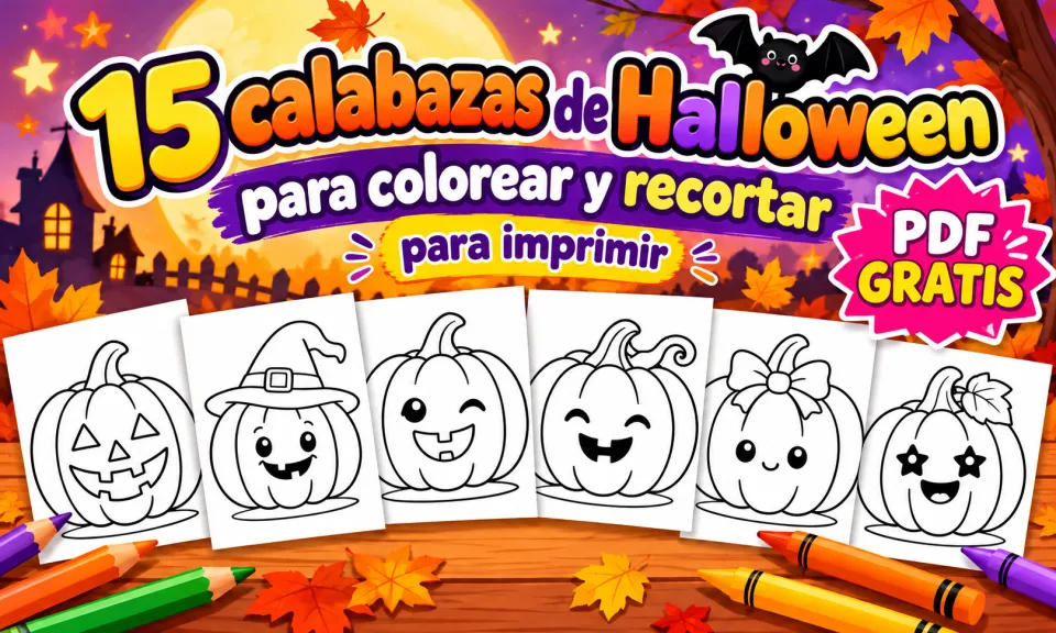 Portada del PDF gratis con 15 calabazas de Halloween para colorear y recortar