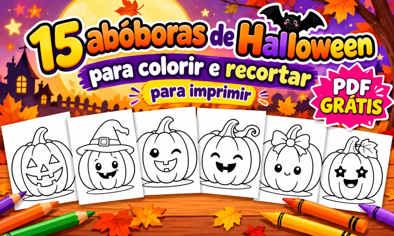 Capa do PDF gratuito com 15 abóboras de Halloween para colorir e recortar
