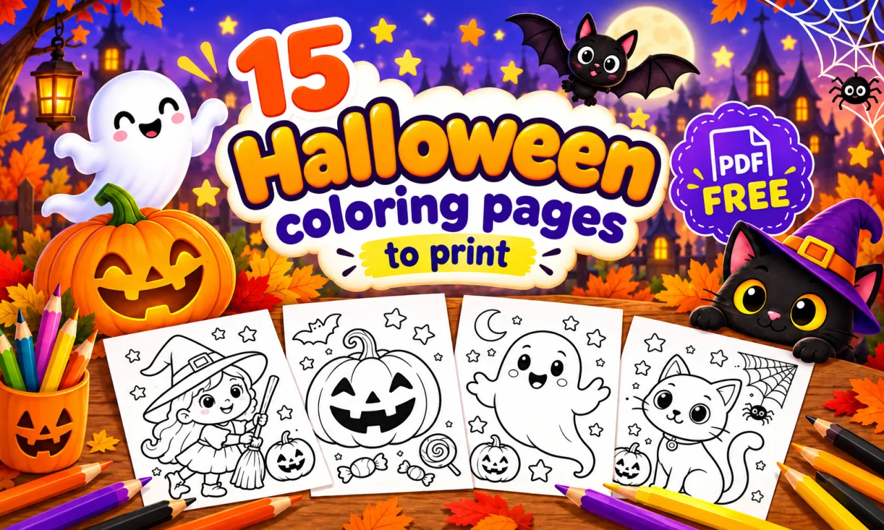 15 free printable Halloween coloring pages for kids in one A4 PDF