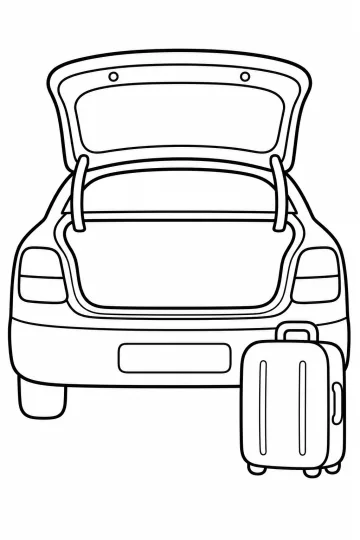 Carro visto por trás com porta-malas aberto e uma mala grande ao lado do para-choque