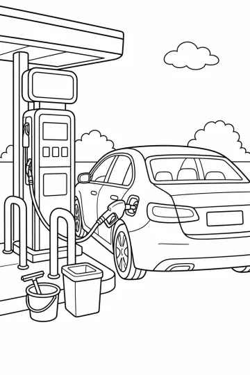 Coloriage d'une berline vue de trois quarts arrière à une pompe, avec le tuyau relié à la trappe à carburant ouverte.