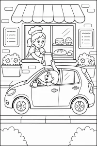 Auto alla finestra del panificio disegno da colorare PDF gratis