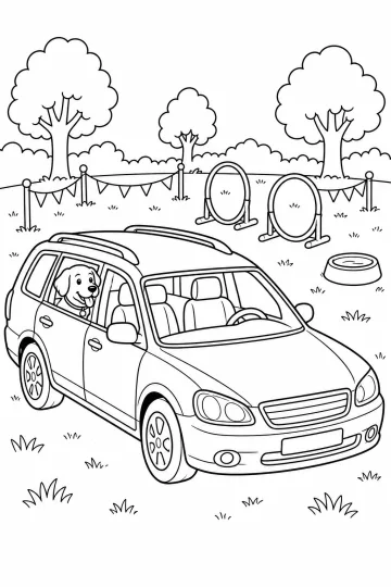 Break vu de trois quarts avec un chien à la vitre arrière, des cerceaux d'agilité et des fanions sur l'herbe.