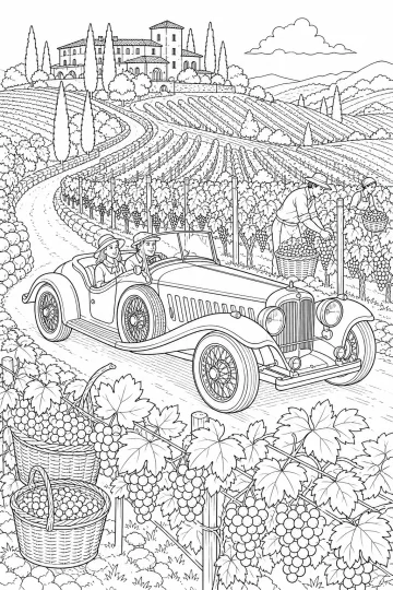 Roadster classica con lungo cofano che percorre una corsia tra i filari di un vigneto con grappoli e cesti.