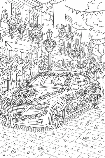 Berlina decorata con ghirlande di fiori durante una parata cittadina con folla e coriandoli