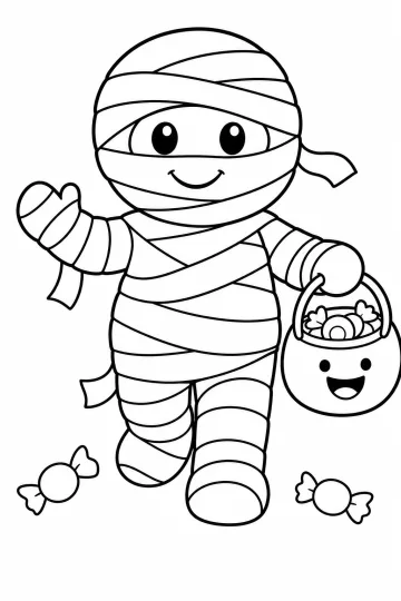 Momie souriante entourée de bandes tenant un seau de bonbons, avec deux friandises sur les côtés.