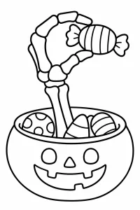 Mano scheletrica con caramella di Halloween disegno da colorare PDF gratis