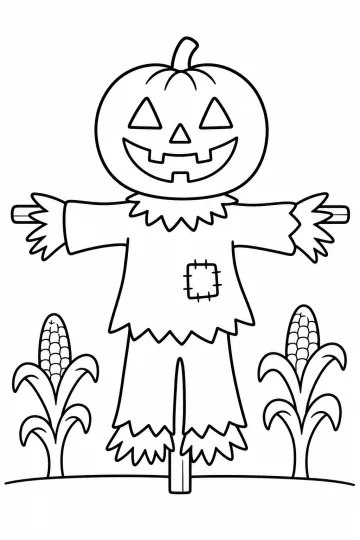 Espantapájaros con cabeza de calabaza sonriente, brazos abiertos y plantas de maíz a los lados