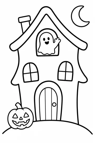 Casa stregata di Halloween con fantasma alla finestra, zucca sorridente e luna crescente