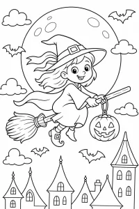 Bruja en escoba frente a la luna dibujo para colorear PDF gratis