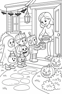 Truco o trato en la puerta de casa dibujo para colorear PDF gratis