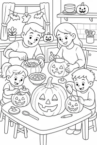 Familie snijdt Halloweenpompoenen uit kleurplaat gratis PDF