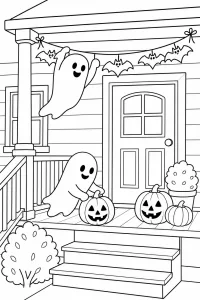 Geister schmücken die Halloween-Veranda malvorlage kostenlos PDF
