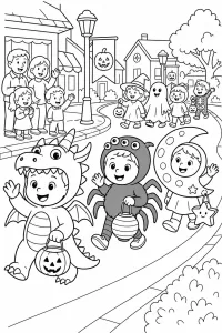 Défilé de costumes d’Halloween dessin à colorier PDF gratuit