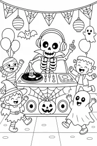 Scheletro DJ alla festa di Halloween disegno da colorare PDF gratis
