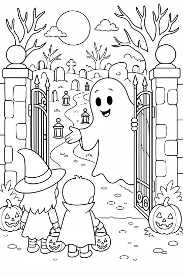 Fantasma sonriente que abre la puerta de un cementerio con dos niños, calabazas, faroles, lápidas y luna.