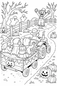 Balade en tracteur d’Halloween dessin à colorier PDF gratuit
