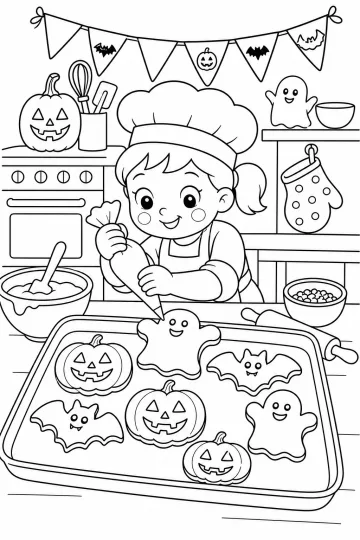Jonge bakker die een spookkoekje versiert voor een bakplaat met Halloweenkoekjes