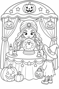 Voyante d'Halloween et boule de cristal dessin à colorier PDF gratuit