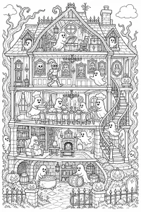 Casa infestata in sezione con fantasmi disegno da colorare PDF gratis