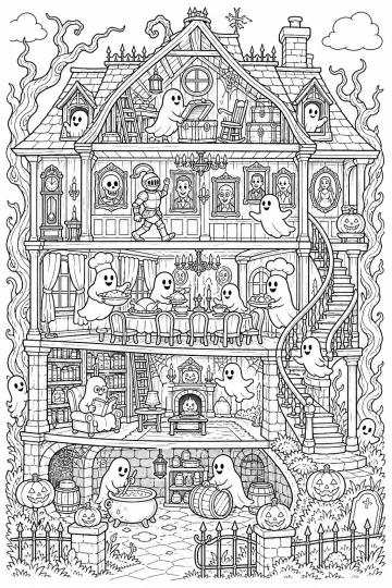 Casa infestata in sezione con fantasmi, scala curva, sala da pranzo, biblioteca, zucche e cantina