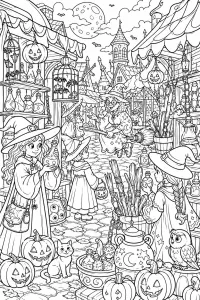 Mercato notturno delle streghe disegno da colorare PDF gratis