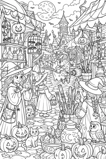 Mercato notturno di Halloween con streghe, pozioni, scope, zucche intagliate, gabbie di pipistrelli, gatto e gufo.