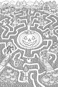 Labirinto di mais di Halloween con zucca gigante disegno da colorare PDF gratis