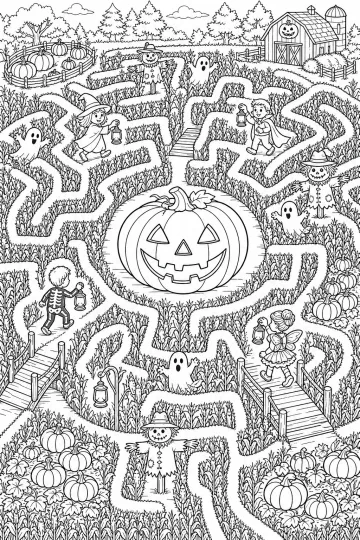 Halloween-Maislabyrinth mit großem geschnitztem Kürbis in der Mitte, Geistern, Vogelscheuchen, Brücken und Kindern mit Laternen.