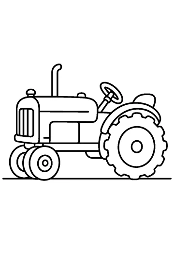 Dessin au trait d'un tracteur ancien de profil avec une grande roue arrière et des roues avant rapprochées.