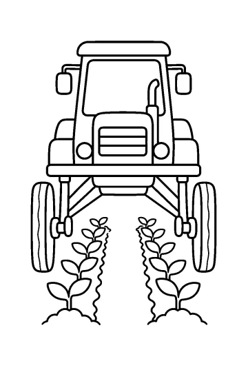 Trattore agricolo visto di fronte con quattro ruote alte e piantine sotto il telaio