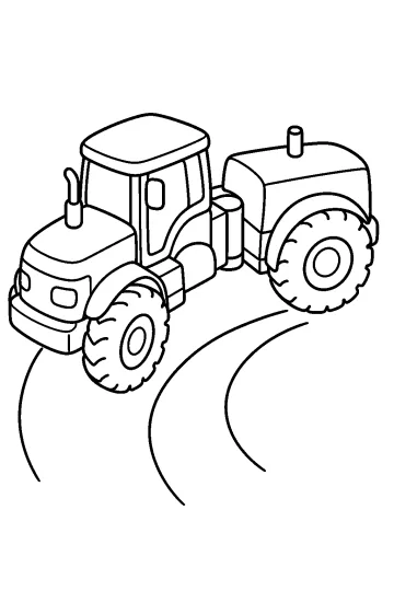 Tekening van een kniktractor van bovenaf gezien in een bocht