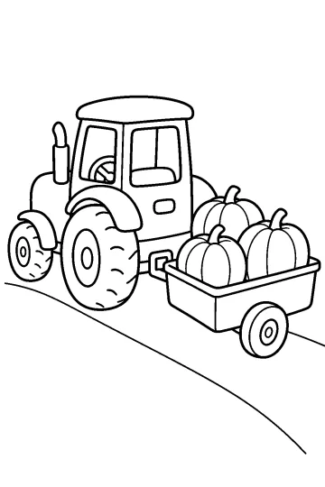 Dibujo para colorear de un tractor con remolque cargado de calabazas