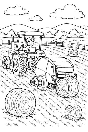 Tracteur avec conducteur tirant une presse à foin dans un champ avec balles rondes, clôtures et collines.