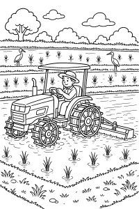 Trattore nella risaia disegno da colorare PDF gratis
