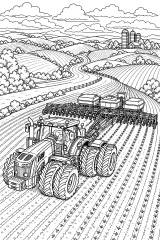 Trattore con seminatrice sulle colline disegno da colorare PDF gratis