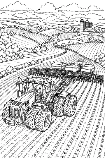 Grande trattore con seminatrice nei campi coltivati tra colline, alberi e silos