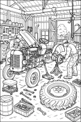 Trattore in riparazione nell'officina agricola disegno da colorare PDF gratis