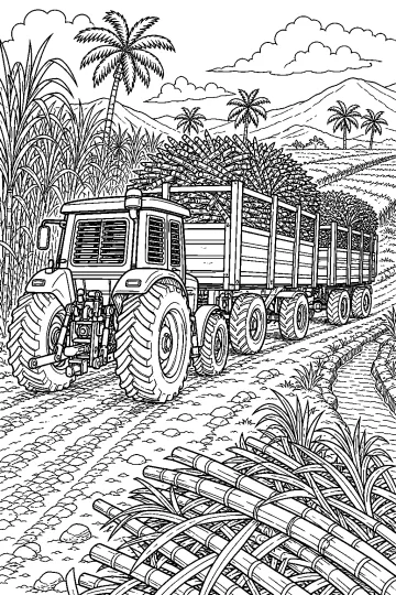 Trattore agricolo con grande rimorchio carico di canna da zucchero in una piantagione tropicale