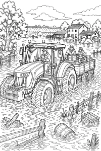 Trattore nella fattoria allagata disegno da colorare PDF gratis